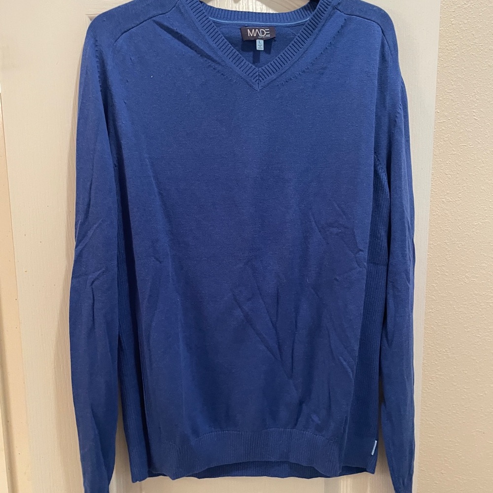 Blue V-Neck Sweater Lightweight Knit